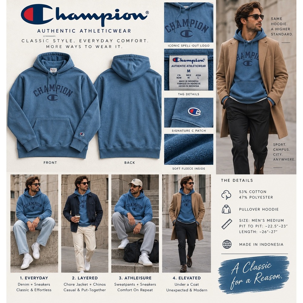 Champion Mens M Blue Pullover Hoodie Spellout Logo Fleece Sweatshirt S74705